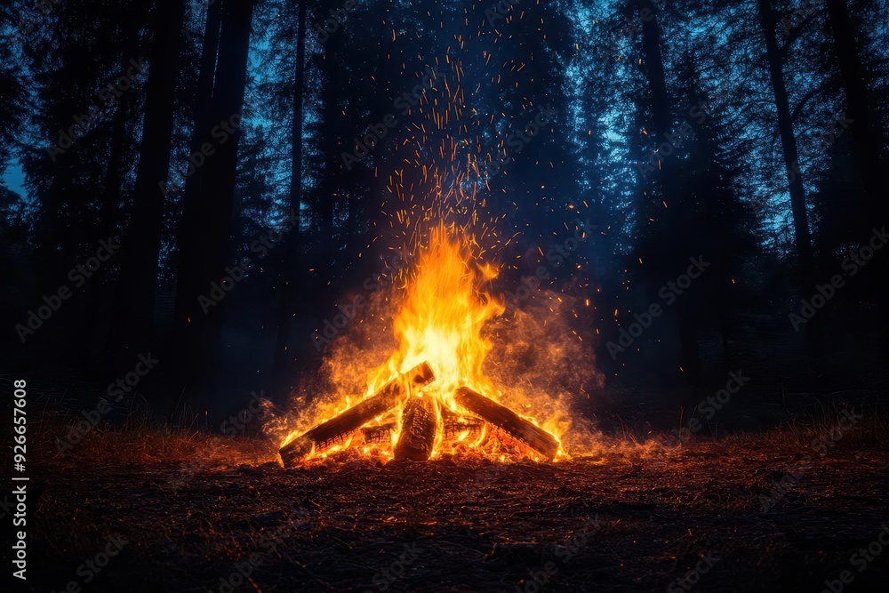 mesmerizing bonfire with swirling embers against starry night sky warm orange glow illuminates surrounding pine forest long exposure captures trailing sparks mesmerizing bonfire with swirling embers against starry night sky warm orange glow illuminates surrounding pine forest long exposure captures trailing sparks