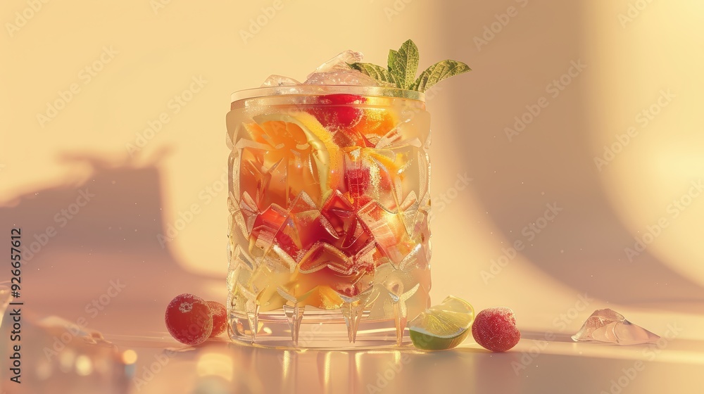 Refreshing Summer Fruit Cocktail in a Glass with Ice Cubes and Mint Refreshing Summer Fruit Cocktail in a Glass with Ice Cubes and Mint