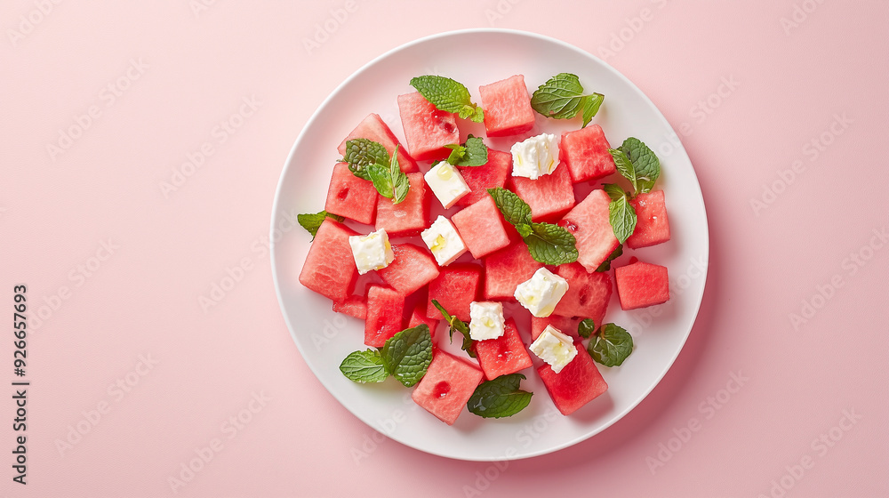Refreshing watermelon and feta salad with mint on a white plate Refreshing watermelon and feta salad with mint on a white plate