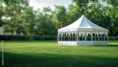 White tent in a grassy field.