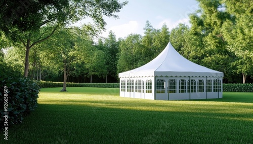 White tent in a green grassy field.