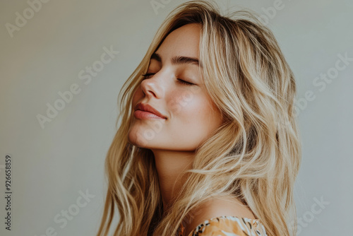 A close up of a black woman's face with her eyes closed and long blond hair