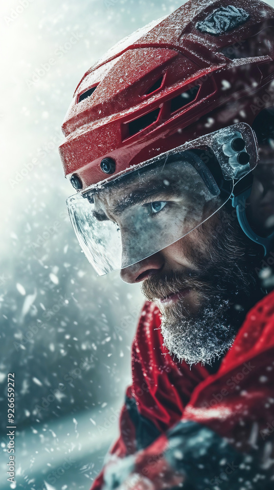 Close-up of a hockey player in a red helmet and jacket with the man's face covered in frost. Close-up of a hockey player in a red helmet and jacket with the man's face covered in frost.