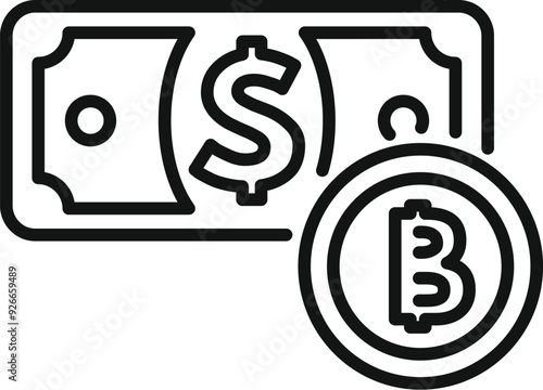 Line art vector icon concept of bitcoin replacing the dollar as a form of currency