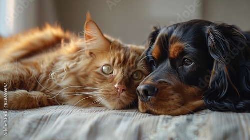 A photo shows a cat and dog sitting together and looking at the camera with a white background.
