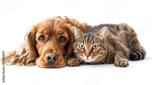 A photo shows a cat and dog sitting together and looking at the camera with a white background.