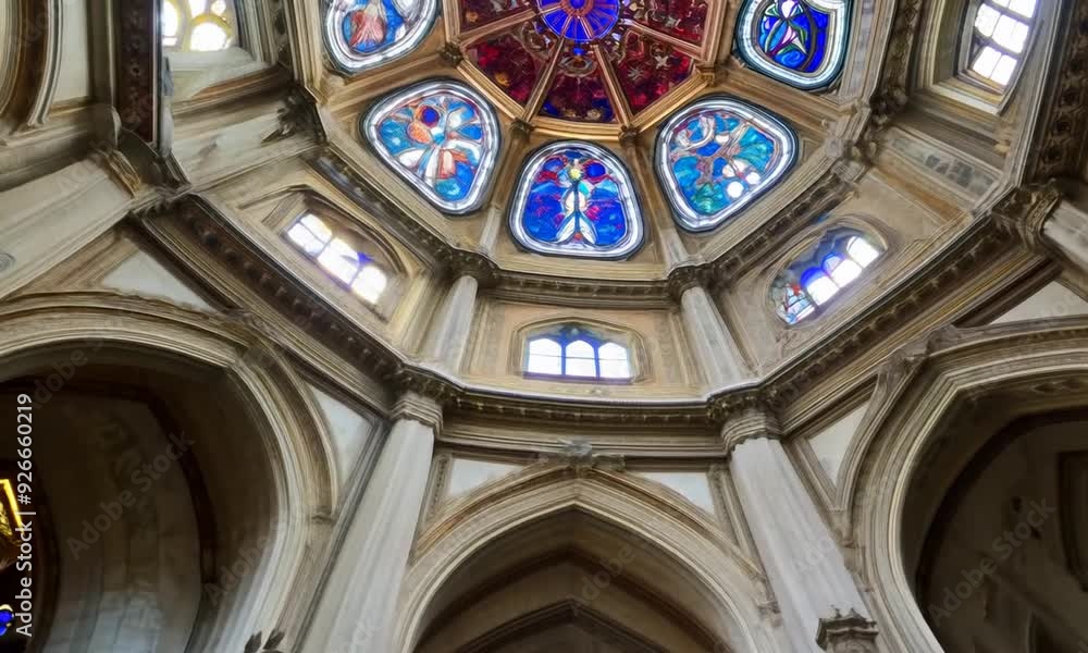 A majestic view of the interior of a historic cathedral with intricate stained glass windows through which soft natural light filters, illuminating the ornate architectural details. A majestic view of the interior of a historic cathedral with intricate stained glass windows through which soft natural light filters, illuminating the ornate architectural details.