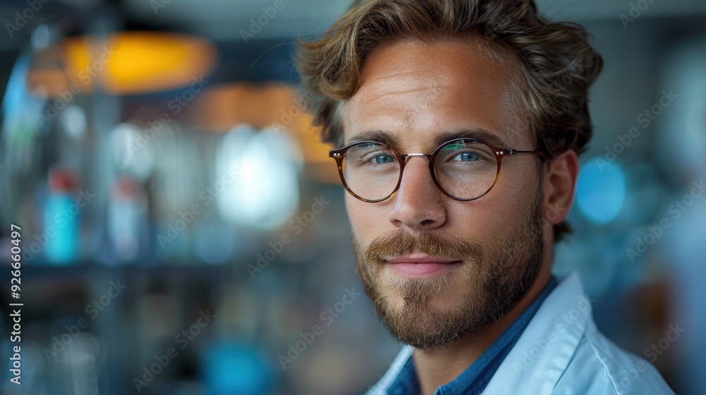 A scientist in a lab coat smiles confidently in a modern laboratory filled with lab equipment and colorful solutions A scientist in a lab coat smiles confidently in a modern laboratory filled with lab equipment and colorful solutions