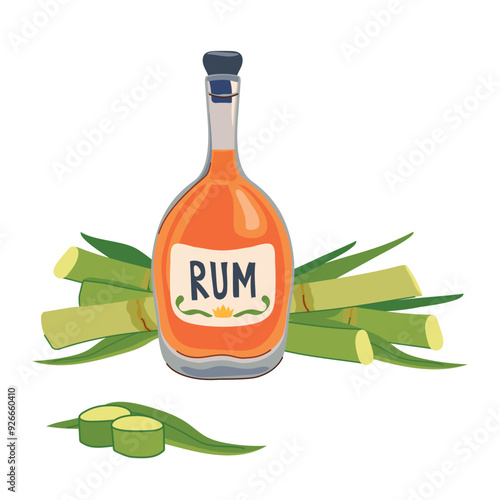 Bottle of rum with sugar cane. Vector. Alcoholic drink and cooking ingredient. Sweet plant and liquid in flat style on a white background.