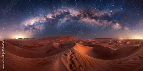 Stunning desert landscape under a starry night sky showcasing the Milky Way arching over golden dunes. photo