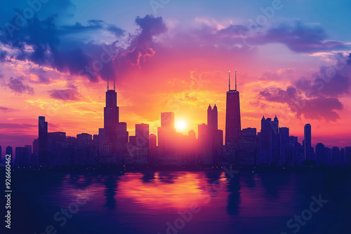 A city skyline with skyscrapers silhouetted against a sunset.