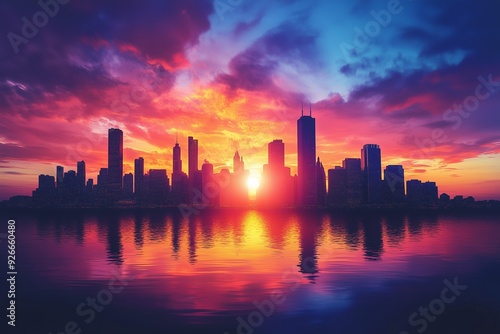 A city skyline with skyscrapers silhouetted against a vibrant sunset.