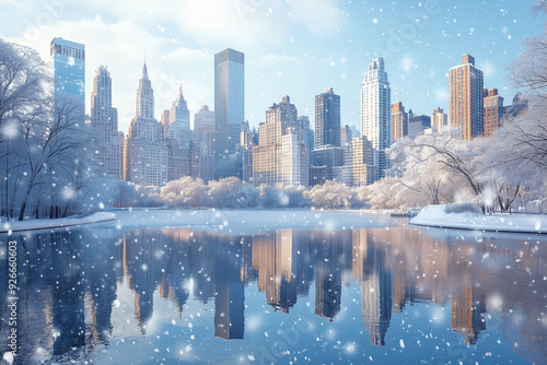 A cityscape with skyscrapers covered in snow, creating a winter wonderland.