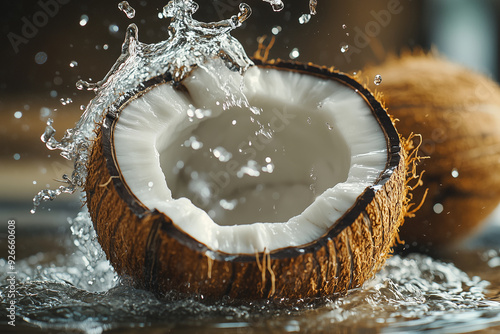 A close-up of a coconut being cracked open.