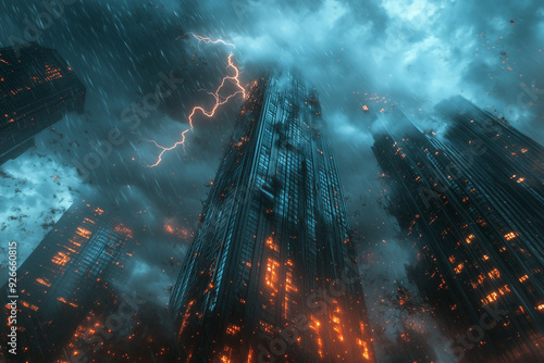 A dramatic scene with lightning striking near a skyscraper during a storm.