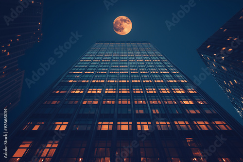 A full moon rising behind a skyscraper, creating a striking night scene.