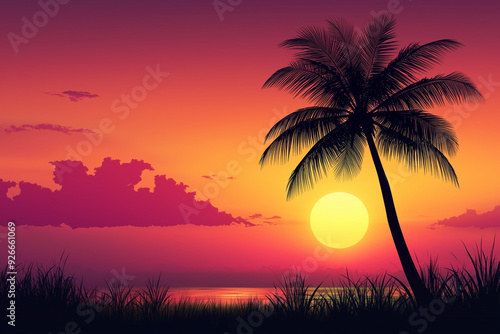 A minimalist silhouette of a coconut tree against a sunset backdrop.