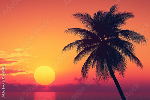 A minimalist silhouette of a coconut tree against a sunset.
