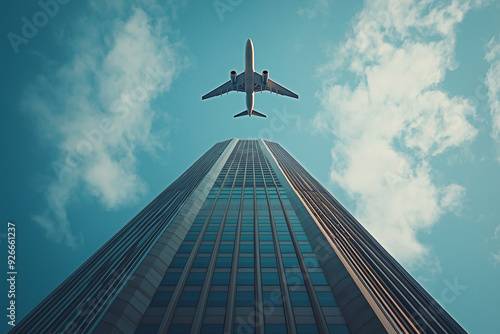 An airplane flying close to a skyscraper.