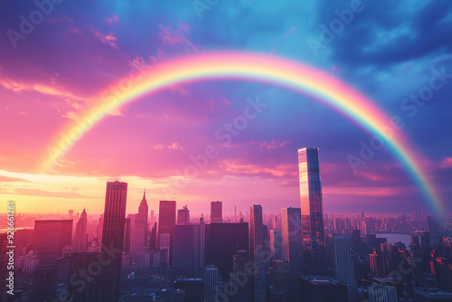 A rainbow arching over a cityscape with skyscrapers.