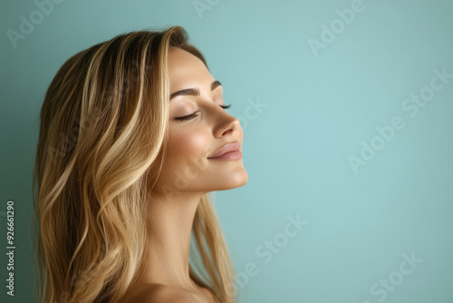 A close up of a black woman's face with her eyes closed and long blond hair