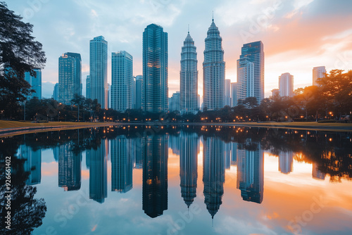 Skyscrapers are reflected in a water body, creating a mirror image.