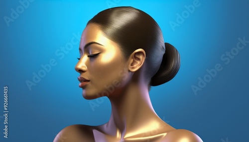 3D Rendering of a Female Head on a Blue Background Depicting Smooth Skin Beauty and Fashion Trends