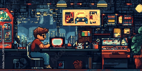 Pixel Art Night City Workplace. photo