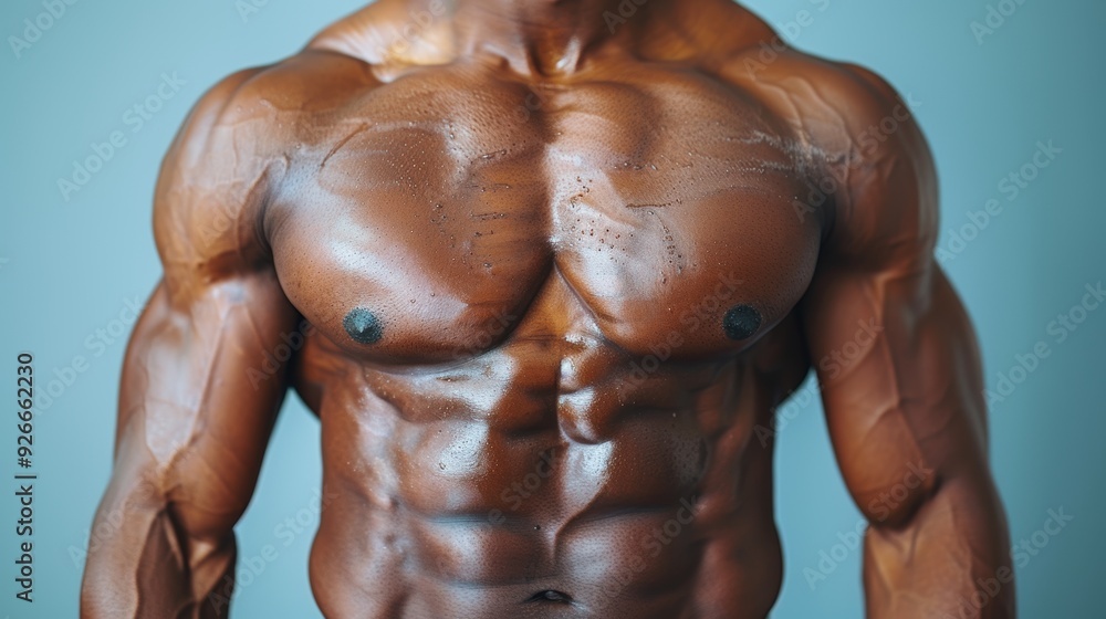 Muscular male torso showcasing defined chest and abs against a neutral background in a studio setting Muscular male torso showcasing defined chest and abs against a neutral background in a studio setting