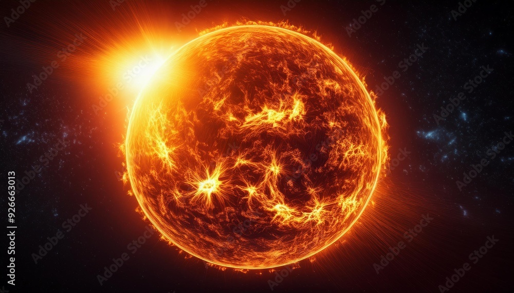 Abstract illustration of the sun and Earth in space with glowing, fiery colors Abstract illustration of the sun and Earth in space with glowing, fiery colors