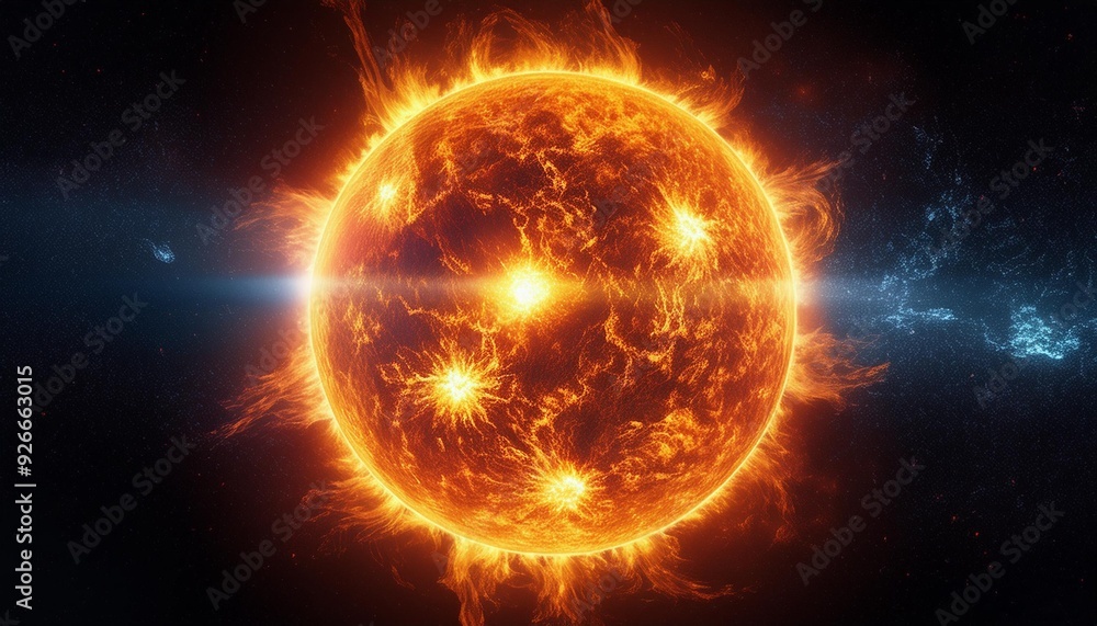 Fototapeta premium Abstract illustration of the sun and Earth in space with glowing, fiery colors