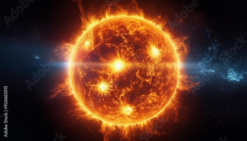 Abstract illustration of the sun and Earth in space with glowing, fiery colors