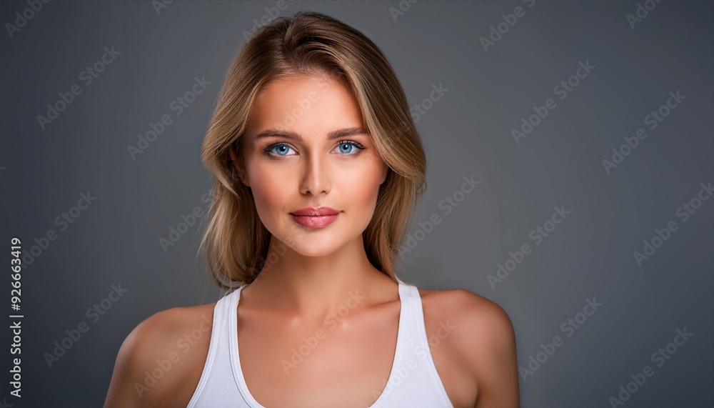Closeup portrait of a woman with blue eyes wearing a white tank top against a gray background Closeup portrait of a woman with blue eyes wearing a white tank top against a gray background