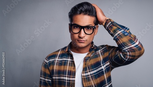 Confused man in glasses and plaid shirt scratching head in stylish fashion confusion concept portrait photo