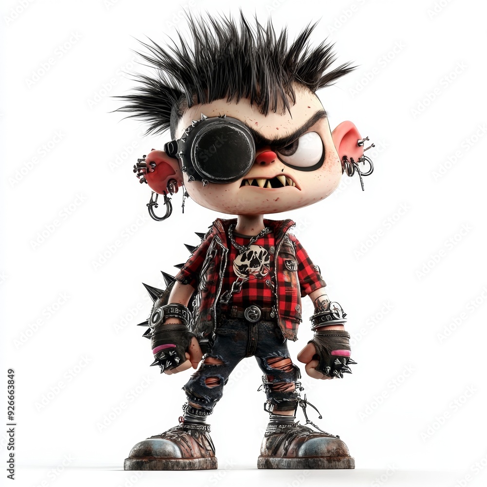 3D illustration of a punk rock character with spiky hair, an eyepatch, and leather jacket. 3D illustration of a punk rock character with spiky hair, an eyepatch, and leather jacket.
