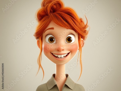 3D cartoon illustration of a young woman with red hair and freckles smiling cheerfully.