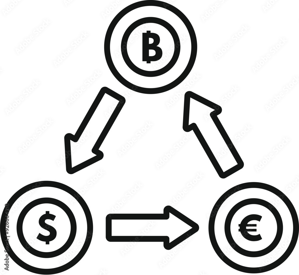 Simple vector icon representing the concept of cryptocurrency exchange between bitcoin, us dollar, and euro Simple vector icon representing the concept of cryptocurrency exchange between bitcoin, us dollar, and euro