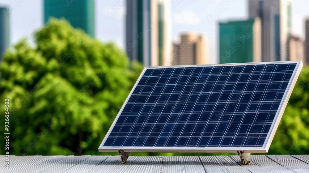 Fototapeta premium A solar panel on a wooden deck with a city skyline in the background, showcasing renewable energy and modern technology.