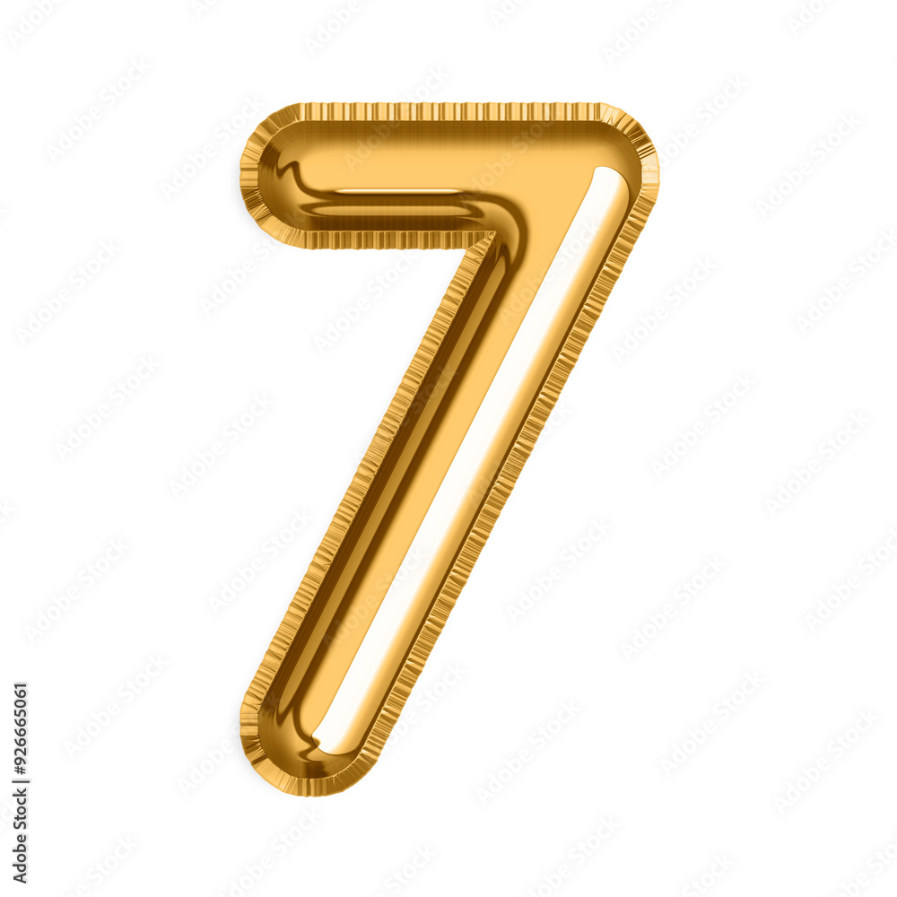 Obraz premium English Number 7 in gold foil balloon isolated on transparent background PNG, 3d golden alphabet