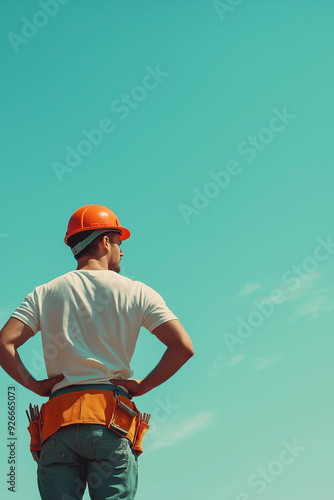 A builder in a helmet stands with his back and looks into the distance. Construction industry. Head of the section. General contractor