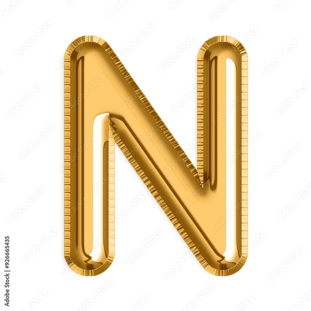 Obraz premium English Letter N in gold foil balloon isolated on transparent background PNG, 3d golden alphabet