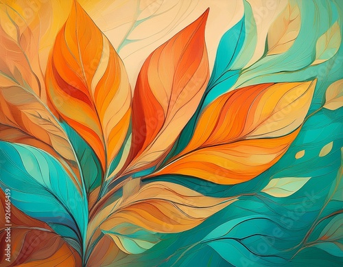 Wallpaper Mural Colorful leaves on beige, orange and turquoise background abstract beauty of nature in artistic painting Torontodigital.ca