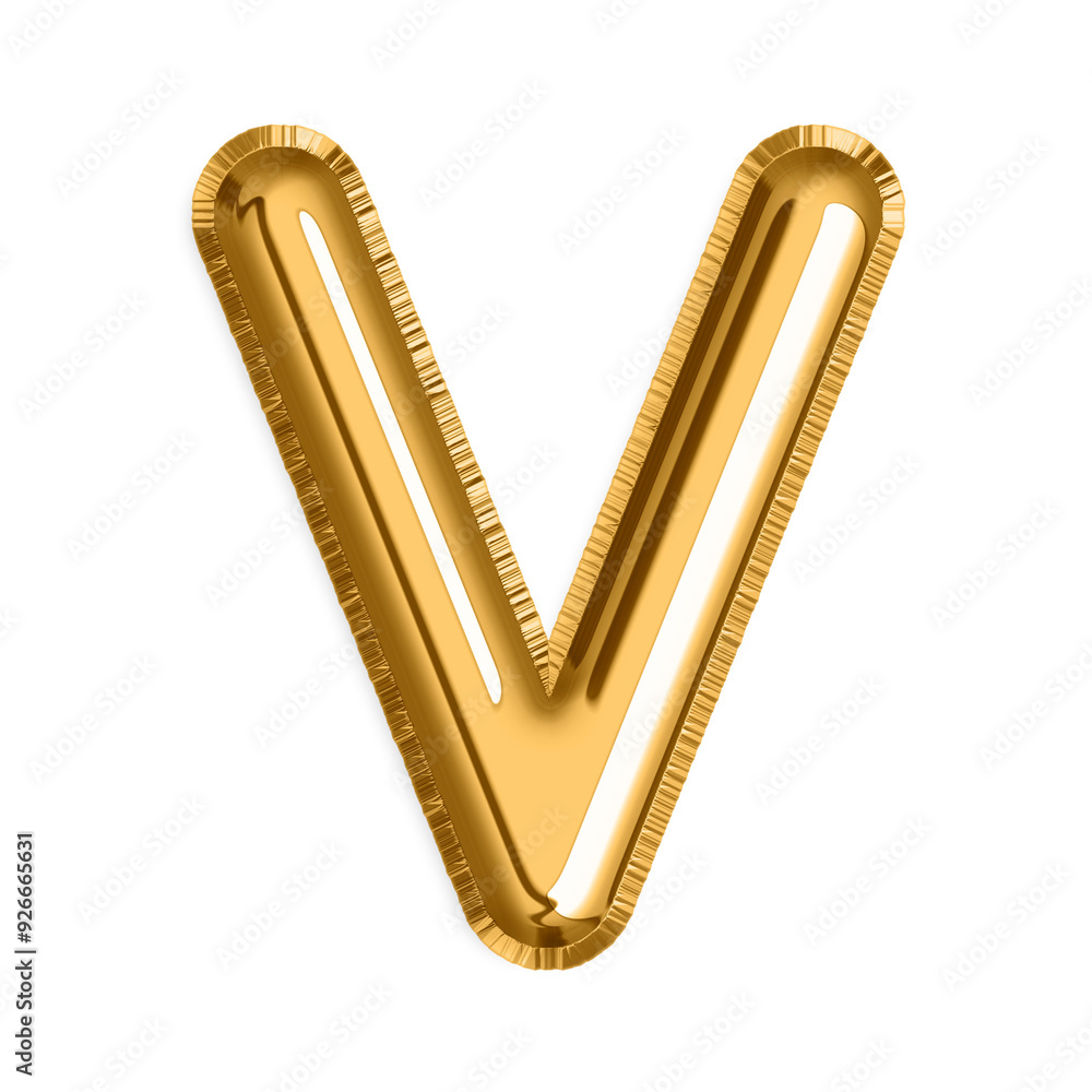 Obraz premium English Letter V in gold foil balloon isolated on transparent background PNG, 3d golden alphabet