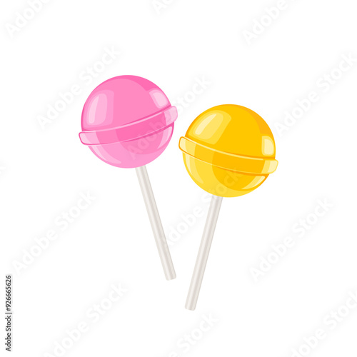 Two lollipops pink and yellow colors isolated on white background. Vector cartoon  illustration of round hard candies.