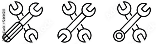 Wench icon set. Crossed wrench tool with ratchet vector icon set line art. Symbol and sign of hand tool.