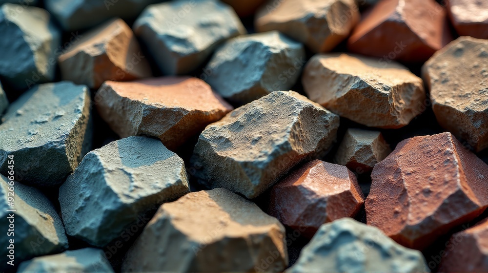 A detailed close-up of rough, angular stones with a mix of earthy blue and rust tones, showcasing the natural texture and geometric shapes. A detailed close-up of rough, angular stones with a mix of earthy blue and rust tones, showcasing the natural texture and geometric shapes.