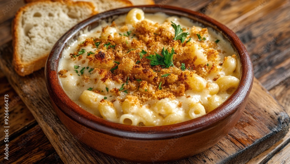 Cheesy macaroni with breadcrumbs and parsley. Cheesy macaroni with breadcrumbs and parsley.