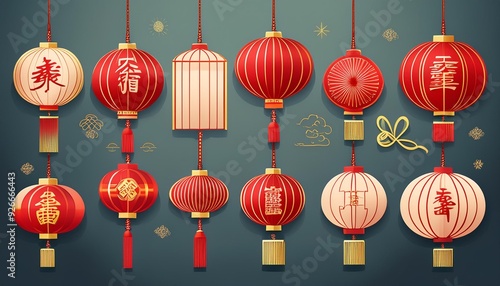 Chinese new year symbols collection lanterns, paper lanterns, and traditional decor for festive celebrations