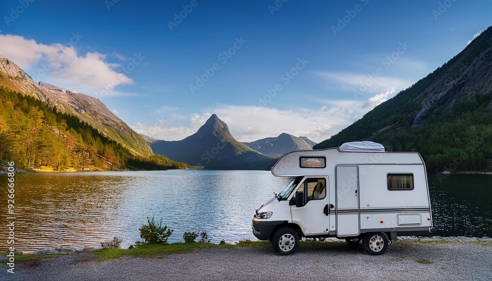 Scenic camper retreat by the lake with majestic mountain views for travel and adventure inspiration Scenic camper retreat by the lake with majestic mountain views for travel and adventure inspiration