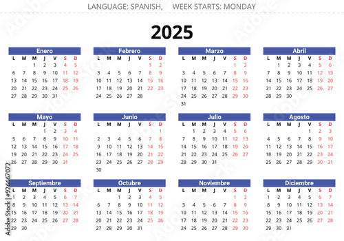 2025 horizontal spanish calendars. Printable vector illustration for Spain. Plan your year with calendar style